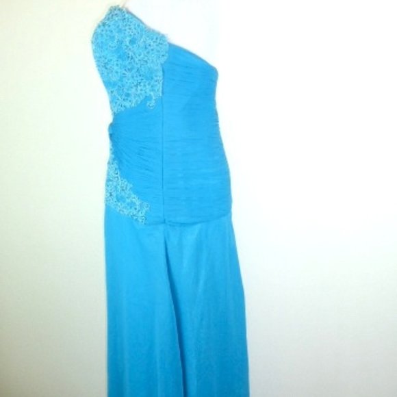 Jovani silk turquoise blue gown ruched lace 10 - Picture 2 of 9